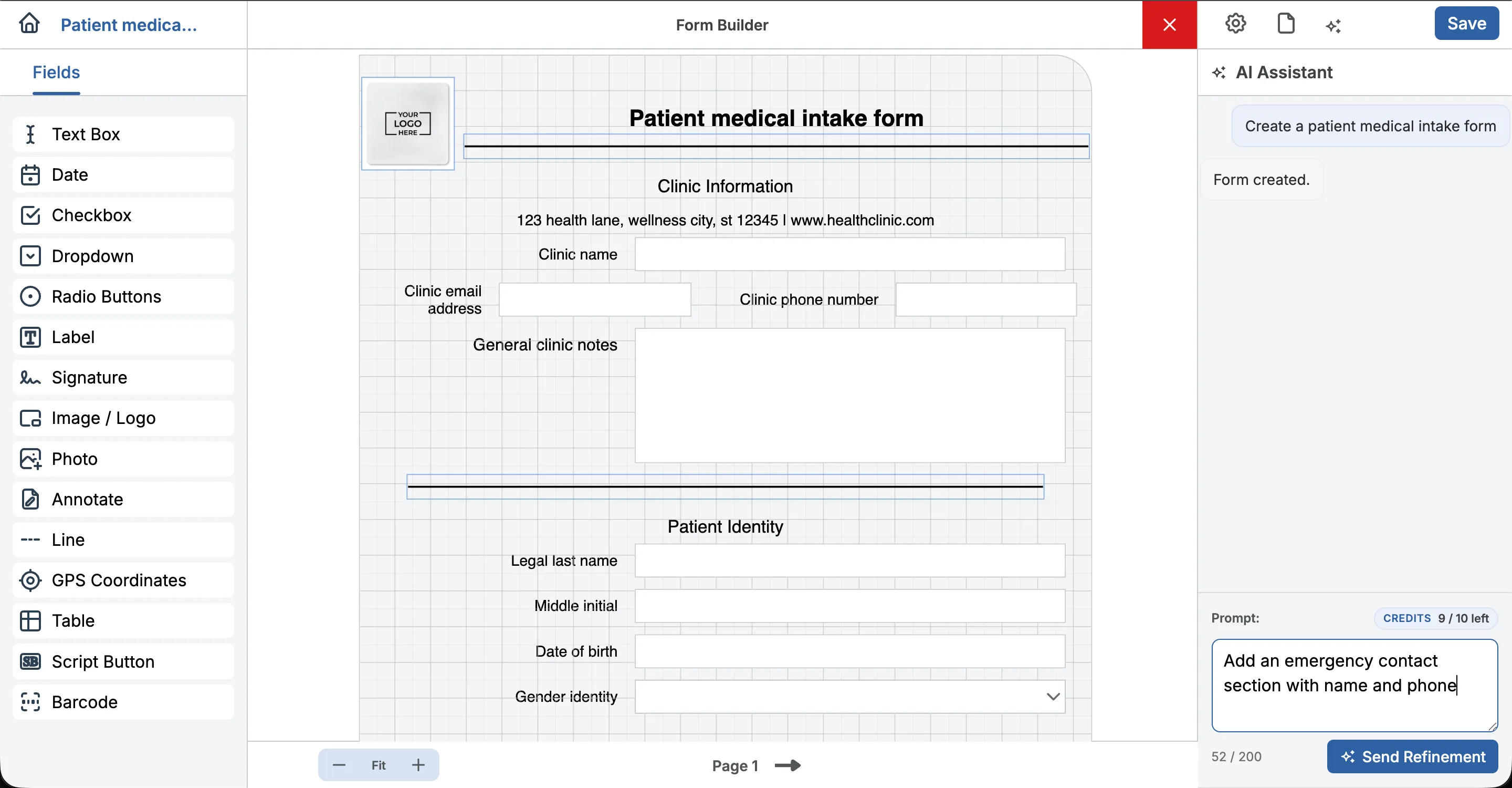 FormConnect ProMax AI Assistant refinement prompt on a generated form
